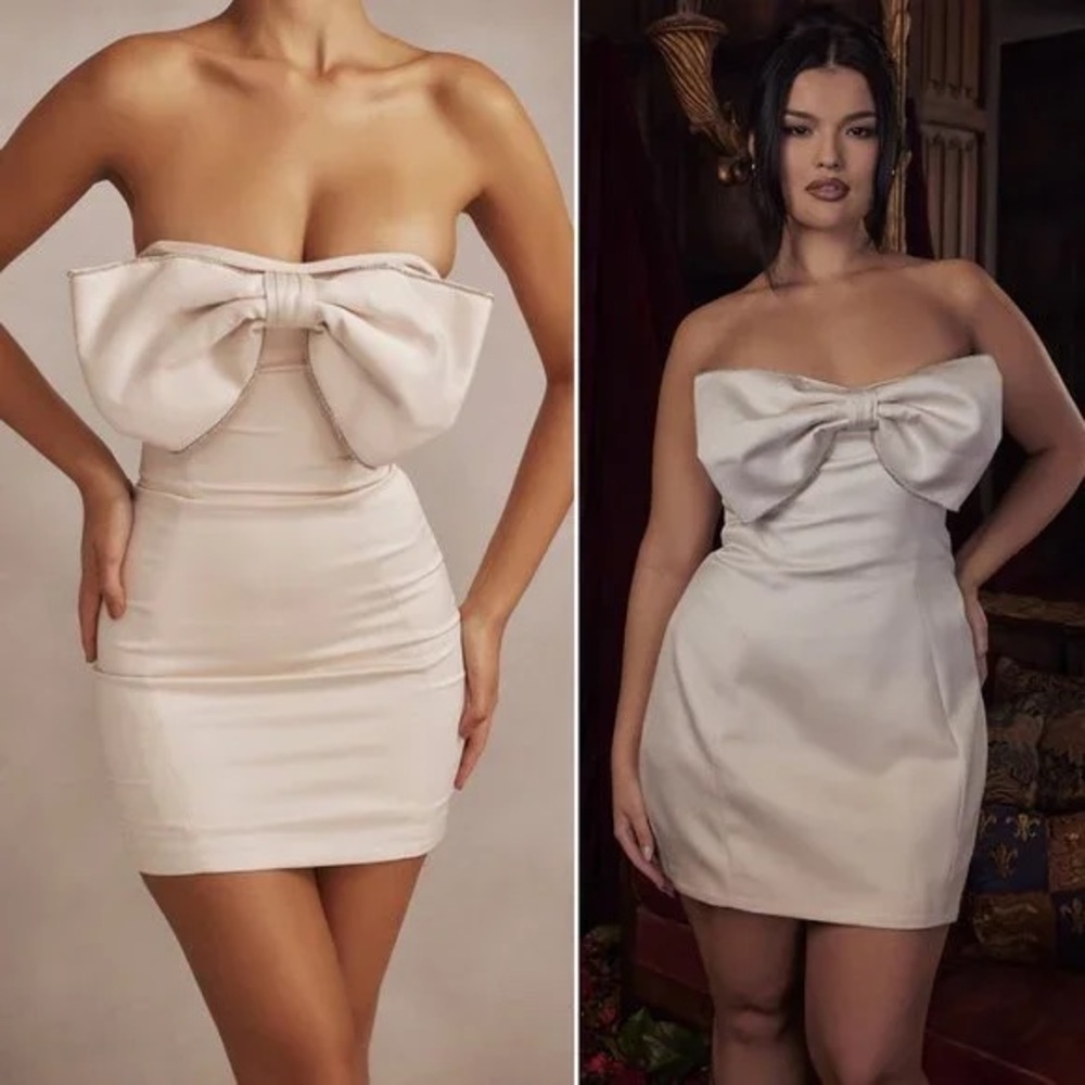 House of CB Ariella Ivory Satin Crystal Embellished Bow Mini Dress